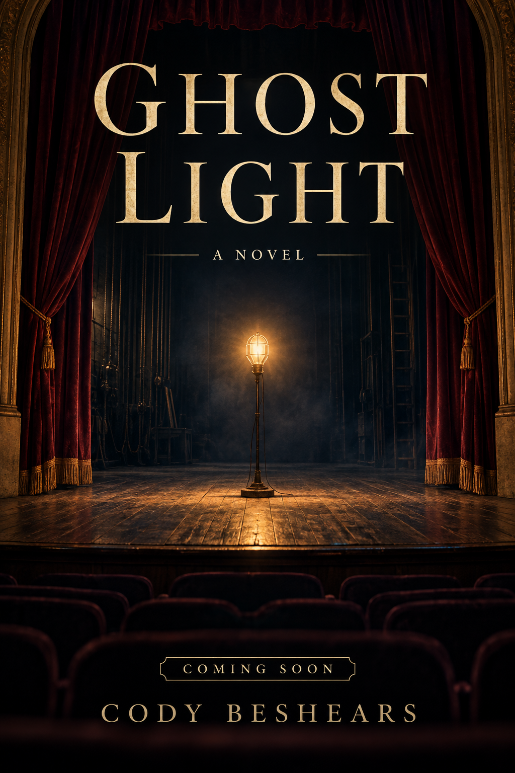 Coming soon cover of Ghost Light, a novel by Cody Beshears, showing an illuminated empty theatre stage