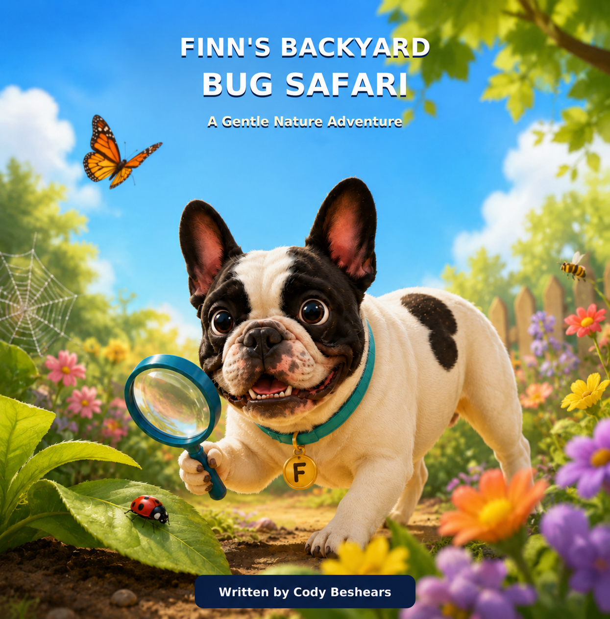 Cover of Finn's Backyard Bug Safari by Cody Beshears, featuring Finn exploring a garden