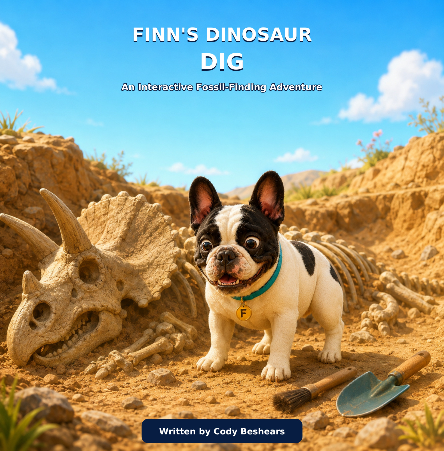 Cover of Finn's Dinosaur Dig by Cody Beshears, featuring Finn beside a dinosaur fossil