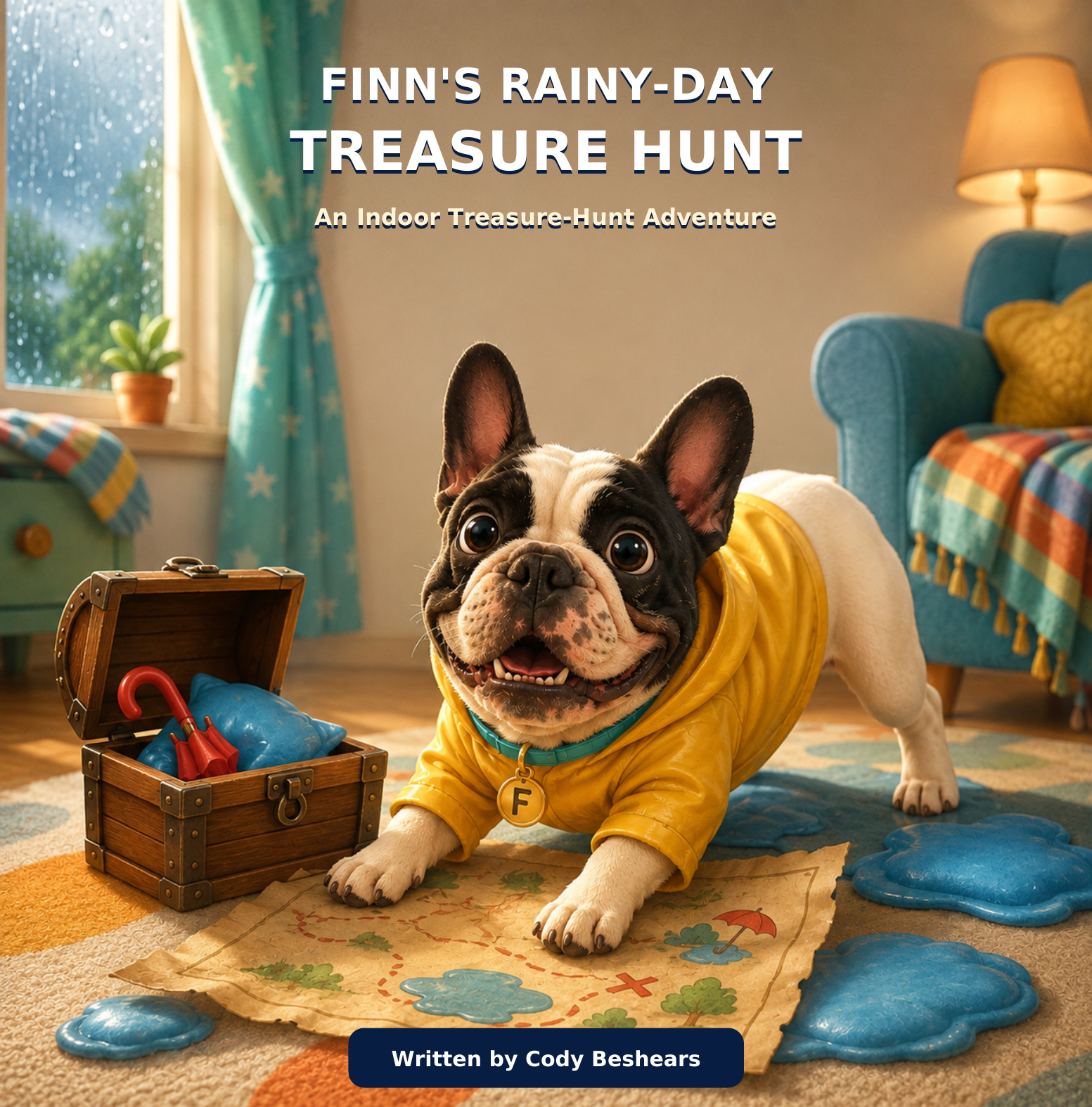 Illustration of Finn, a black-and-white French bulldog, from the cover of Finn's Rainy-Day Treasure Hunt