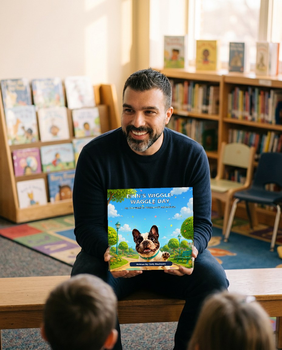Cody Beshears sitting on a bench in a school library, holding up Finn's Wiggle-Waggle Day during a storytime with young readers